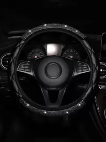 MEIKAXIU 1pc Rhinestone Decorated PU Soft Leather Steering Wheel Cover, Universal Fit For Car Interior Accessories All Seasons - Black - View 2