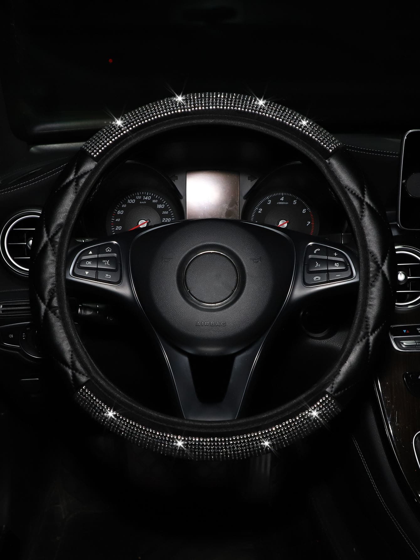 MEIKAXIU 1pc Rhinestone Decorated PU Soft Leather Steering Wheel Cover, Universal Fit For Car Interior Accessories All Seasons