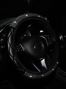 MEIKAXIU 1pc Rhinestone Decorated PU Soft Leather Steering Wheel Cover, Universal Fit For Car Interior Accessories All Seasons - Black - View 3