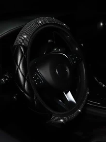 MEIKAXIU 1pc Rhinestone Decorated PU Soft Leather Steering Wheel Cover, Universal Fit For Car Interior Accessories All Seasons - Black - View 4