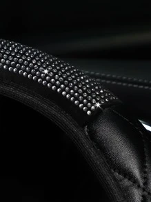 MEIKAXIU 1pc Rhinestone Decorated PU Soft Leather Steering Wheel Cover, Universal Fit For Car Interior Accessories All Seasons - Black - View 5