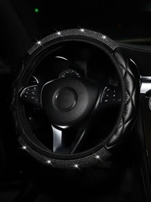 MEIKAXIU 1pc Rhinestone Decorated PU Soft Leather Steering Wheel Cover, Universal Fit For Car Interior Accessories All Seasons - Black - View 6