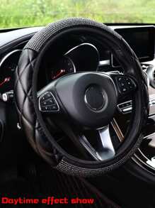 MEIKAXIU 1pc Rhinestone Decorated PU Soft Leather Steering Wheel Cover, Universal Fit For Car Interior Accessories All Seasons - Black - View 7