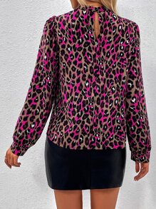 SHEIN Clasi Leopard Print Keyhole Back Bishop Sleeve Blouse - Multicolor - View 2