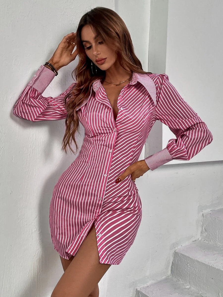 SHEIN SXY Striped Button Front Shirt Dress - Red - View 1