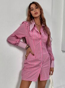 SHEIN SXY Striped Button Front Shirt Dress - Red - View 5