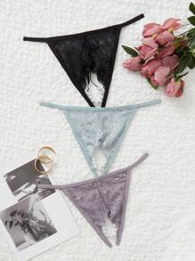 Plus 3pack Floral Lace Bow Front Crotchless Thong - Multicolor - View 1