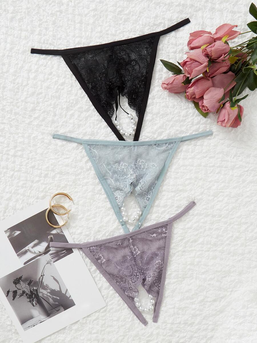 Plus 3pack Floral Lace Bow Front Crotchless Thong - Multicolor - View 1