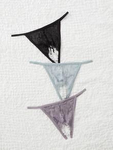 Plus 3pack Floral Lace Bow Front Crotchless Thong - Multicolor - View 2