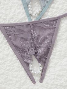 Plus 3pack Floral Lace Bow Front Crotchless Thong - Multicolor - View 5