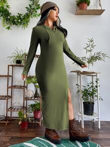 Flirla Đầm Plus Size Dây kéo Chia màu trơn Giải trí - xanh quân đội - Xem 3