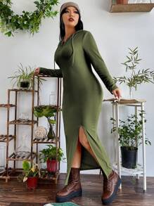 Flirla Đầm Plus Size Dây kéo Chia màu trơn Giải trí - xanh quân đội - Xem 4