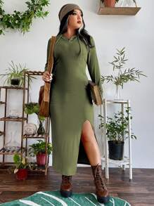 Flirla Đầm Plus Size Dây kéo Chia màu trơn Giải trí - xanh quân đội - Xem 5