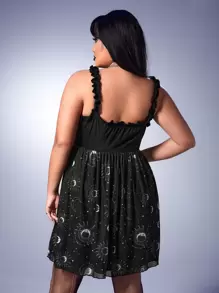 ROMWE Goth Plus Sun & Moon Print Lace Up Dress - Black - View 2