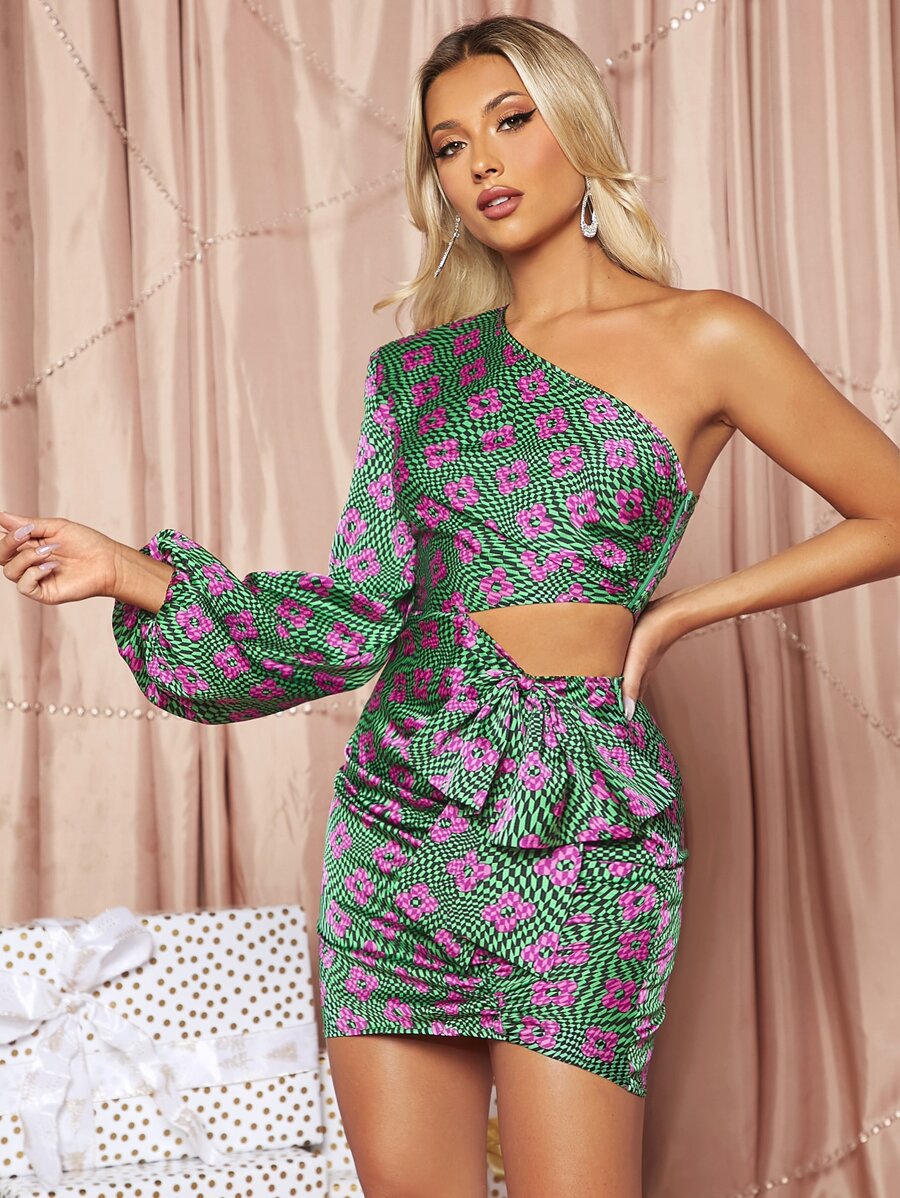 SHEIN BAE One Shoulder Cutout Detail Allover Print Dress - Multicolor - View 1