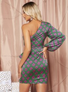 SHEIN BAE One Shoulder Cutout Detail Allover Print Dress - Multicolor - View 2