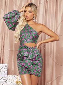SHEIN BAE One Shoulder Cutout Detail Allover Print Dress - Multicolor - View 6