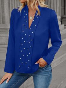 SHEIN LUNE Blusa con cuenta de perla unicolor - azul real - Ver 3