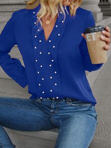 SHEIN LUNE Blusa con cuenta de perla unicolor - azul real - Ver 5