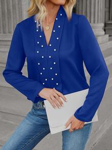 SHEIN LUNE Blusa con cuenta de perla unicolor - azul real - Ver 6