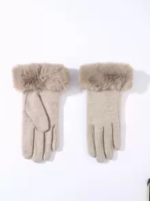Solid Fuzzy Touch Screen Gloves - Khaki - View 1