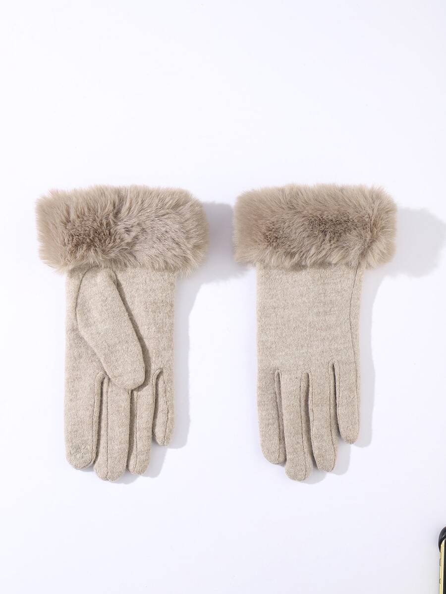 Solid Fuzzy Touch Screen Gloves - Khaki - View 1