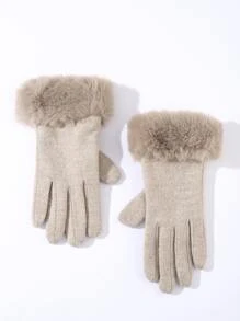 Solid Fuzzy Touch Screen Gloves - Khaki - View 2