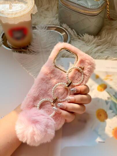 長毛絨手機殼帶手繩