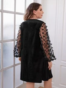 SHEIN Clasi Plus Butterfly Appliques Mesh Lantern Sleeve Velvet Dress - Black - View 2