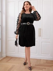 SHEIN Clasi Plus Butterfly Appliques Mesh Lantern Sleeve Velvet Dress - Black - View 4