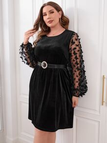 SHEIN Clasi Plus Butterfly Appliques Mesh Lantern Sleeve Velvet Dress - Black - View 5