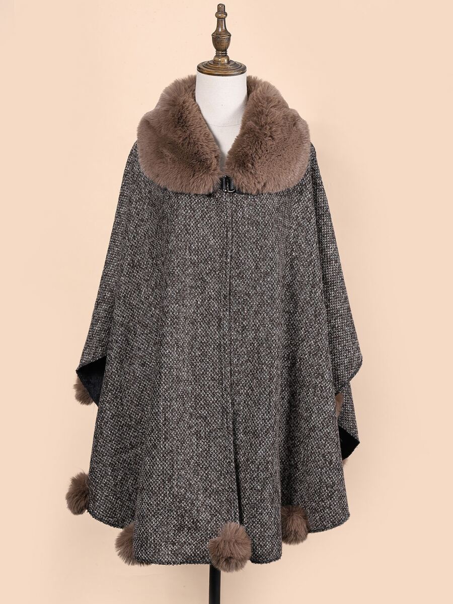 Borg Collar Pompom Detail Cape Coat - Multicolor - View 1