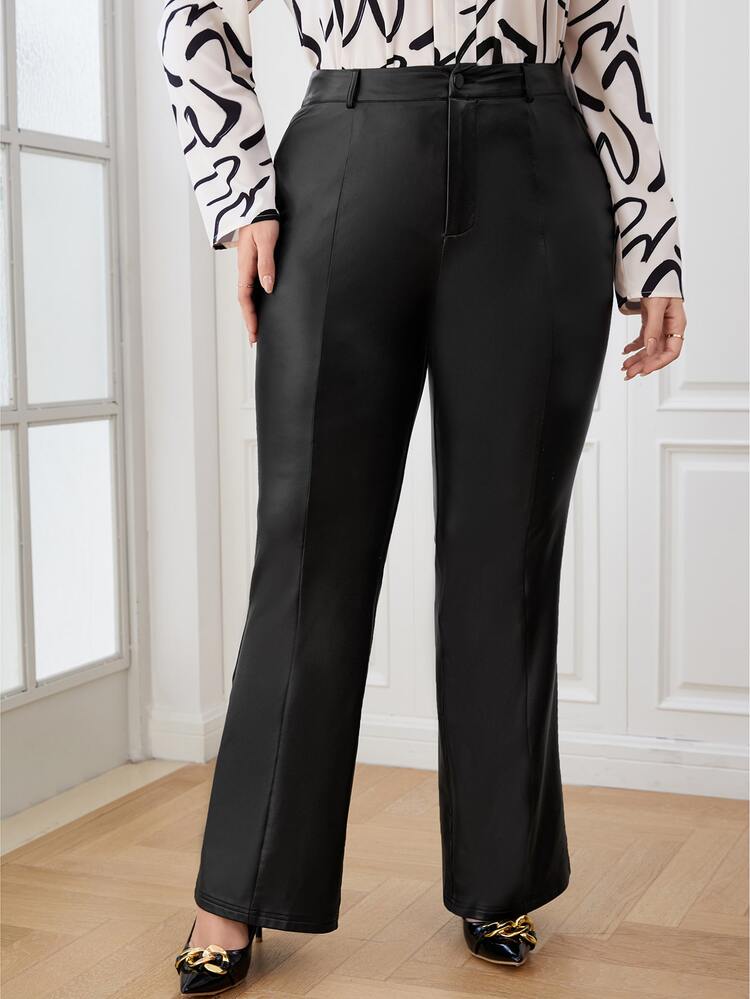 SHEIN Clasi Plus High Waist PU Leather Flare Leg Trousers - Black - View 2