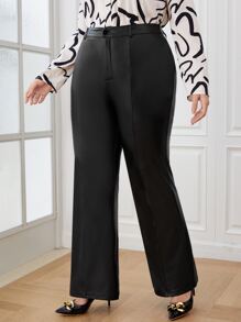 SHEIN Clasi Plus High Waist PU Leather Flare Leg Trousers - Black - View 1