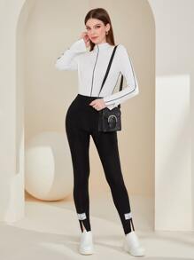 SHEIN Essnce Quần tất nữ Đắp vá Chia Lá thư Giải trí - màu đen - Xem 4