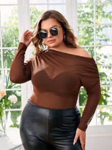 SHEIN Privé 大碼不對稱領褶邊薄透上衣 - 咖啡棕 - 查看 1