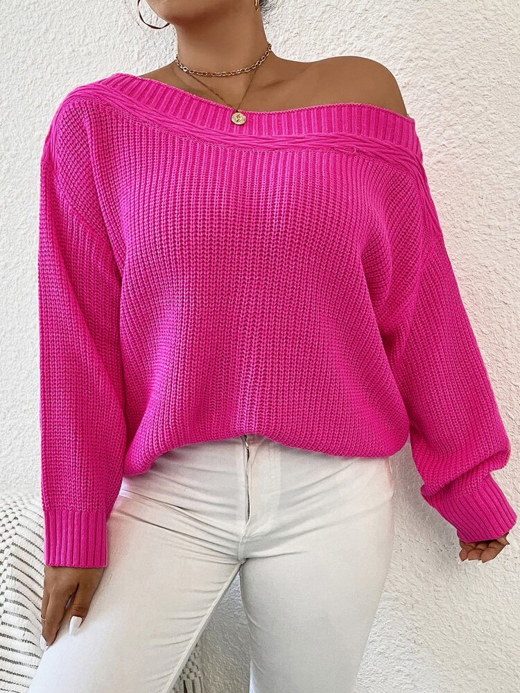 Plus Asymmetrical Shoulder Sweater Knit Pullover Fall Winter Autumn
