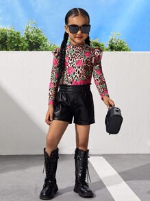 SHEIN Toddler Girls Leopard & Floral Print Ruffle Trim Tee - Multicolor - View 4