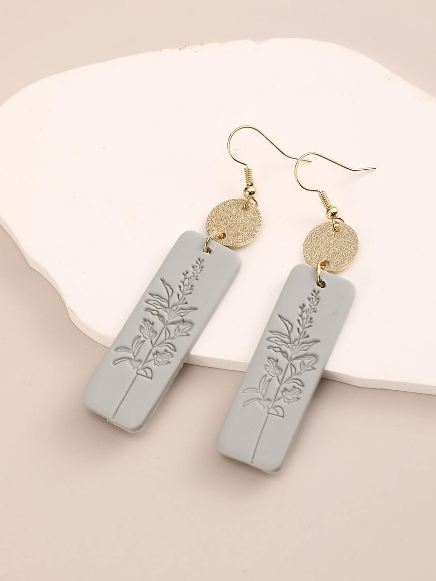 Flower Detail Rectangle Drop Earrings - Grey - View 1