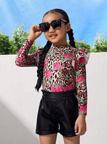 SHEIN Toddler Girls Leopard & Floral Print Ruffle Trim Tee - Multicolor - View 6