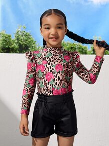 SHEIN Toddler Girls Leopard & Floral Print Ruffle Trim Tee - Multicolor - View 1