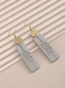 Flower Detail Rectangle Drop Earrings - Grey - View 5