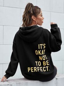 RueChic Slogan Graphic Drop Shoulder Drawstring Hoodie - Black - View 1