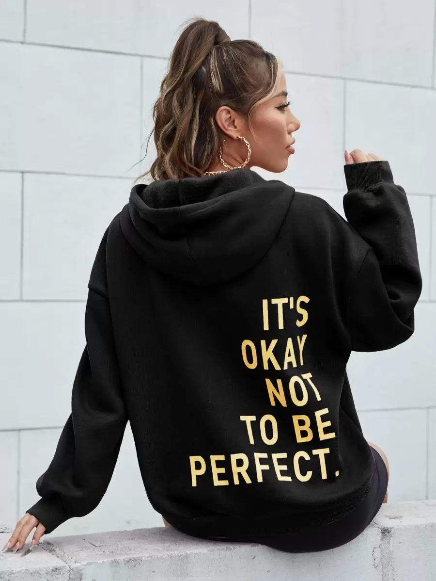RueChic Slogan Graphic Drop Shoulder Drawstring Hoodie - Black - View 1