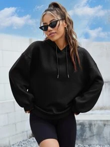 RueChic Slogan Graphic Drop Shoulder Drawstring Hoodie - Black - View 2