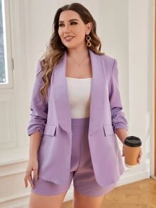SHEIN Privé Plus Shawl Collar Flap Detail Blazer & Shorts - Lilac Purple - View 3