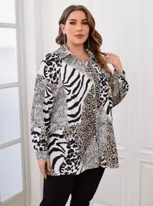 SHEIN Clasi Plus Zebra Striped & Leopard Print Shirt - Multicolor - View 5