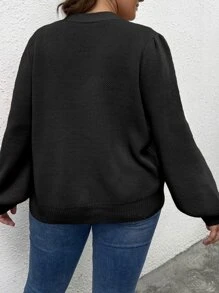 SHEIN LUNE Plus Tie Neck Lantern Sleeve Jumper - Black - View 2