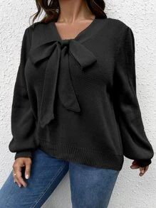 SHEIN LUNE Plus Tie Neck Lantern Sleeve Jumper - Black - View 3