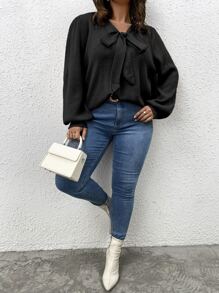 SHEIN LUNE Plus Tie Neck Lantern Sleeve Jumper - Black - View 6